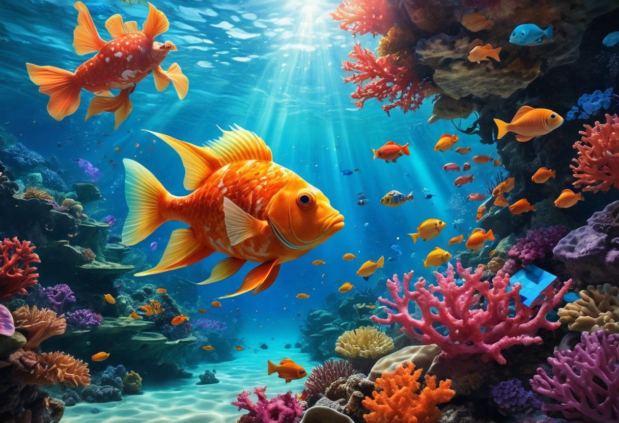 A mesmerizing scene depicting a vibrant underwater world where colorful fish swim among giant logic puzzle pieces, like tangram shapes and Sudoku grids, blending seamlessly into coral reefs. Sunlight filtering through the water creates an ethereal glow, inviting viewers to explore the connection between puzzles and brainpower. Include a curious octopus interacting with a puzzle piece, symbolizing intelligence. surrealistic art. vibrant colors. underwater scenery.
